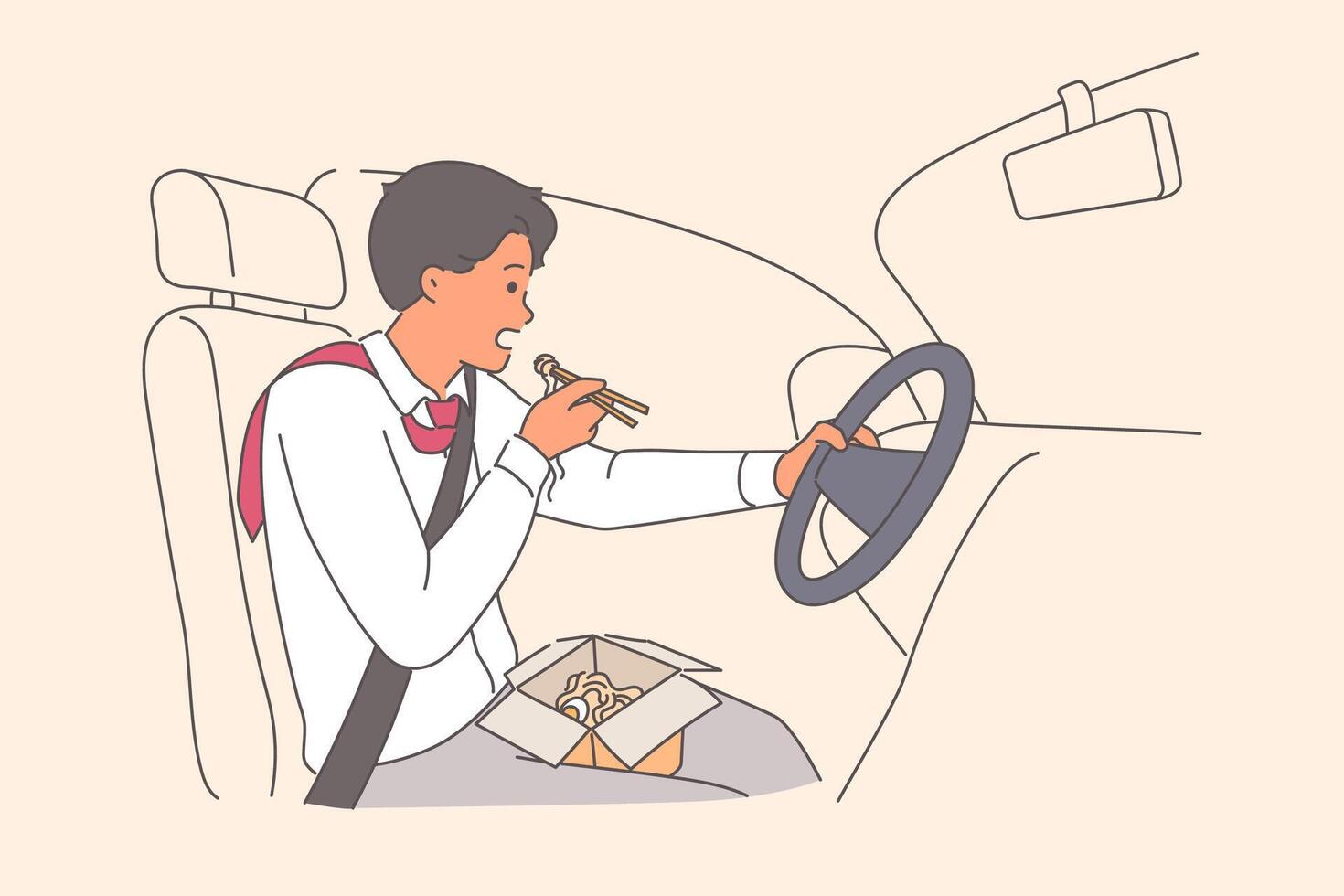 Rushing man driver eats noodles and drives car at same time, due to strict deadlines at work vector