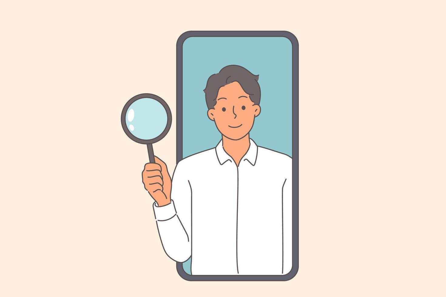Business man with magnifying glass looks out of phone display, offering to use search technology vector