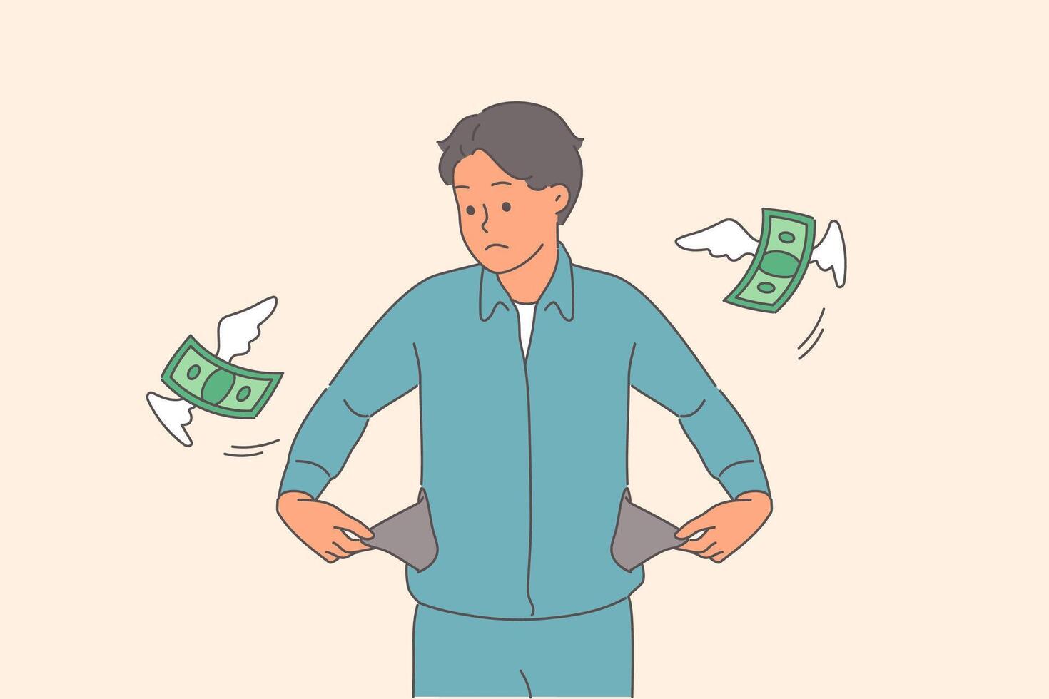 Poor man is sad because of empty pockets and lack of money for purchases, as metaphor for bankruptcy vector