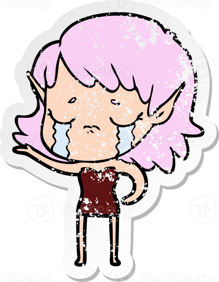 distressed sticker of a cartoon crying elf girl png