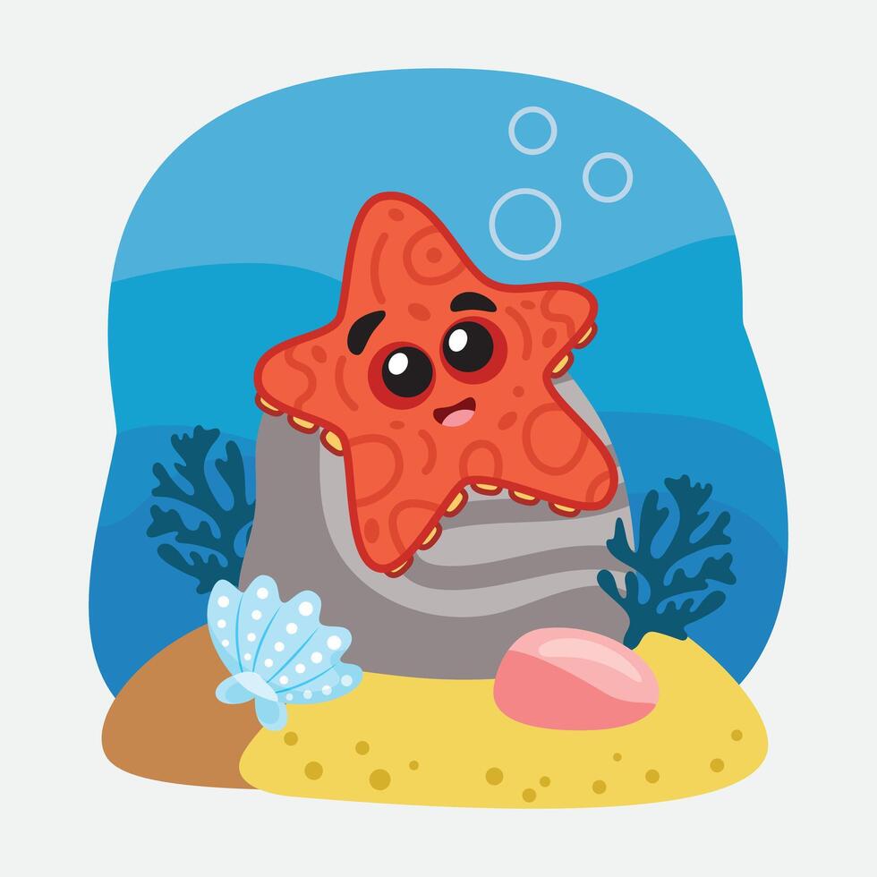 starfish. Isolated octopus on a white background, sea bottom. Color illustration in the style of cartoon. Sea bottom with algae, shells and corals vector