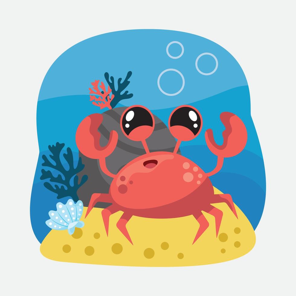 crab. Isolated crab on a white background, sea bottom. Color illustration in the style of cartoon. Sea bottom with algae, shells and corals vector