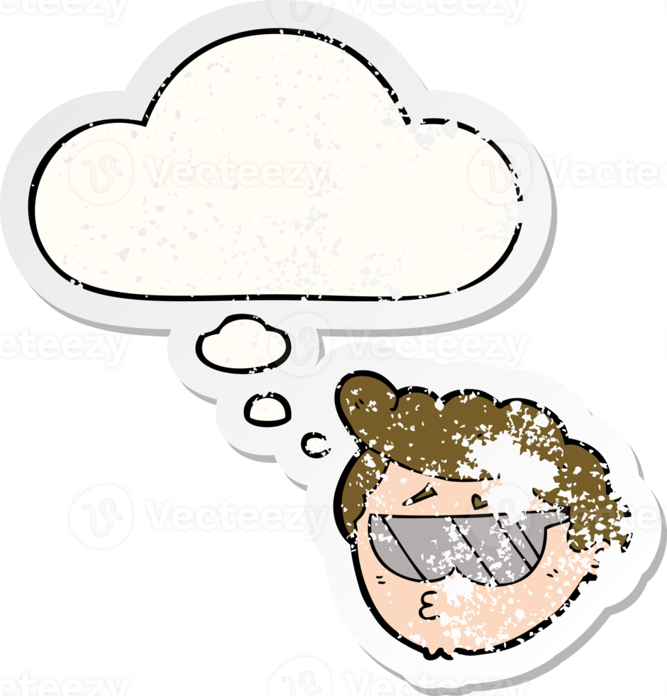 cartoon boy wearing sunglasses with thought bubble as a distressed worn sticker png