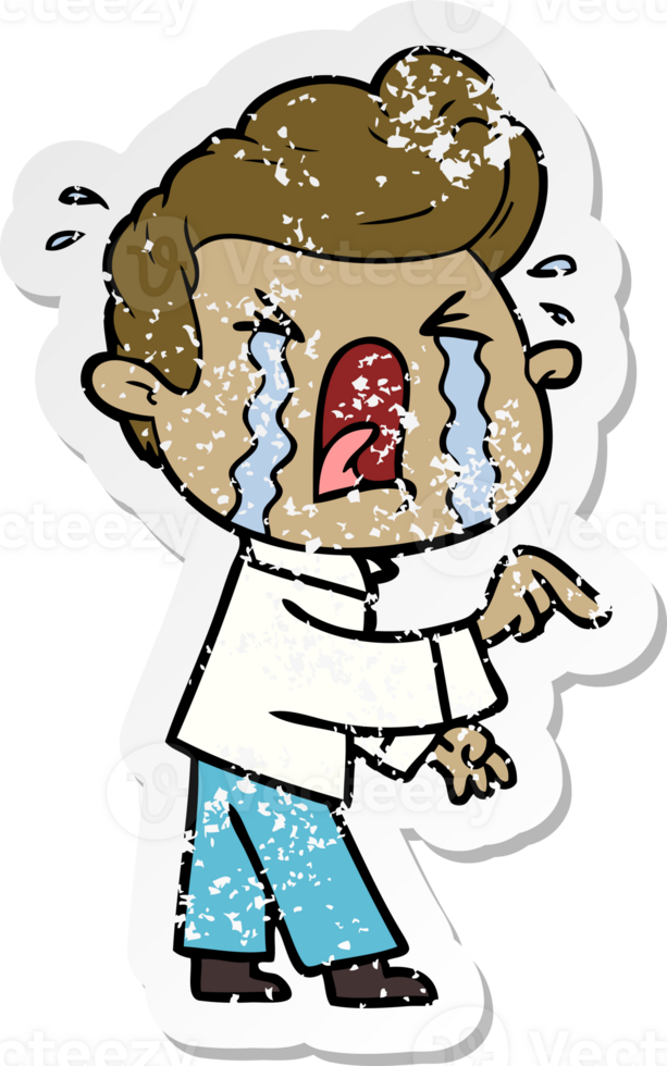 distressed sticker of a cartoon crying man png