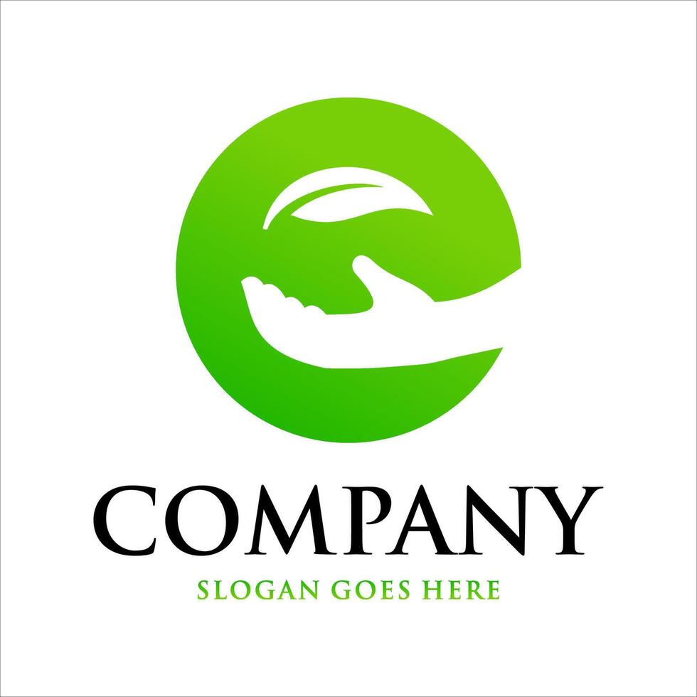 hand and leaf letter e logo vector