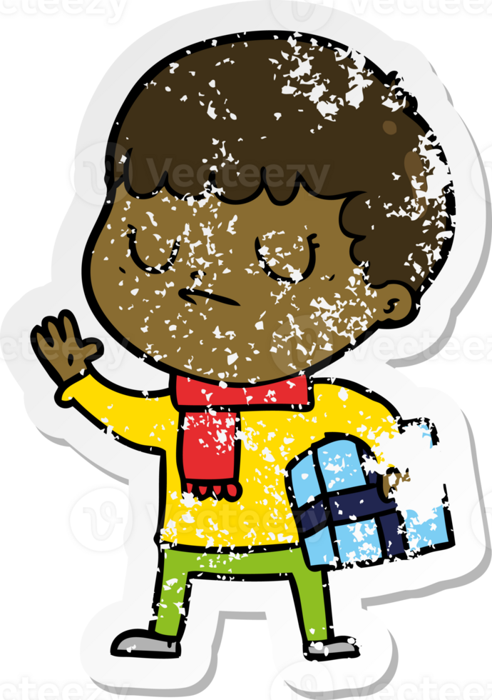 distressed sticker of a cartoon grumpy boy png