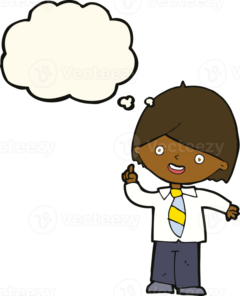 cartoon school boy answering question with thought bubble png