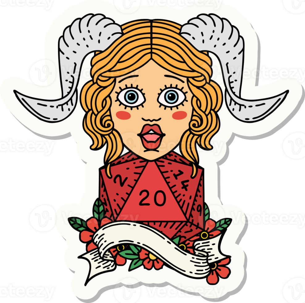 sticker of a tiefling with natural twenty dice roll png