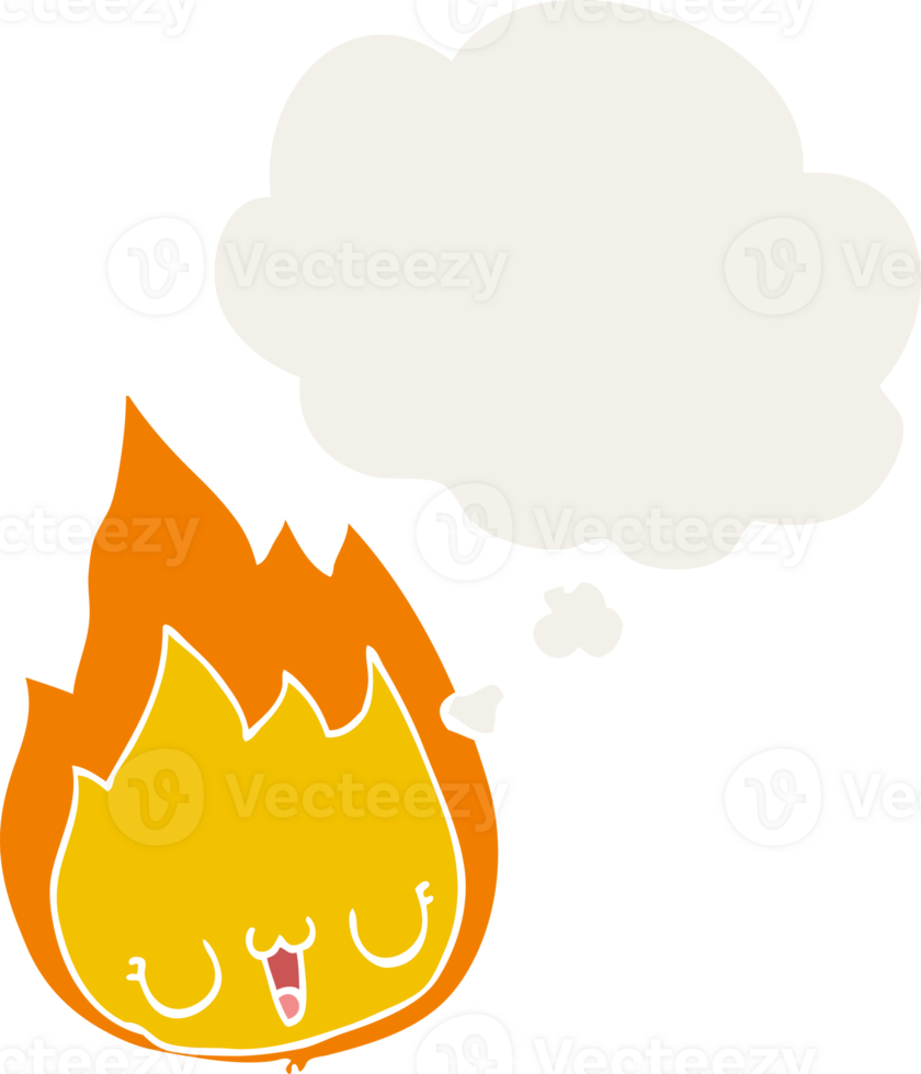 cartoon flame with face with thought bubble in retro style png