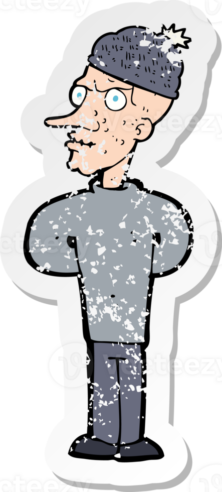 retro distressed sticker of a cartoon man wearing winter hat png