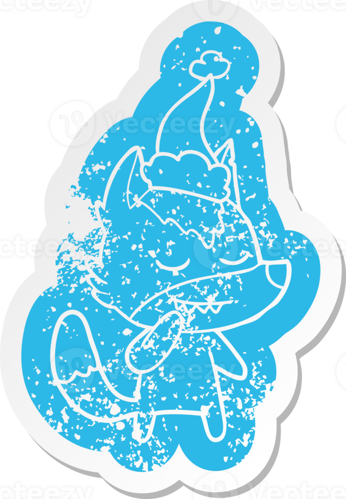 friendly quirky cartoon distressed sticker of a wolf wearing santa hat png