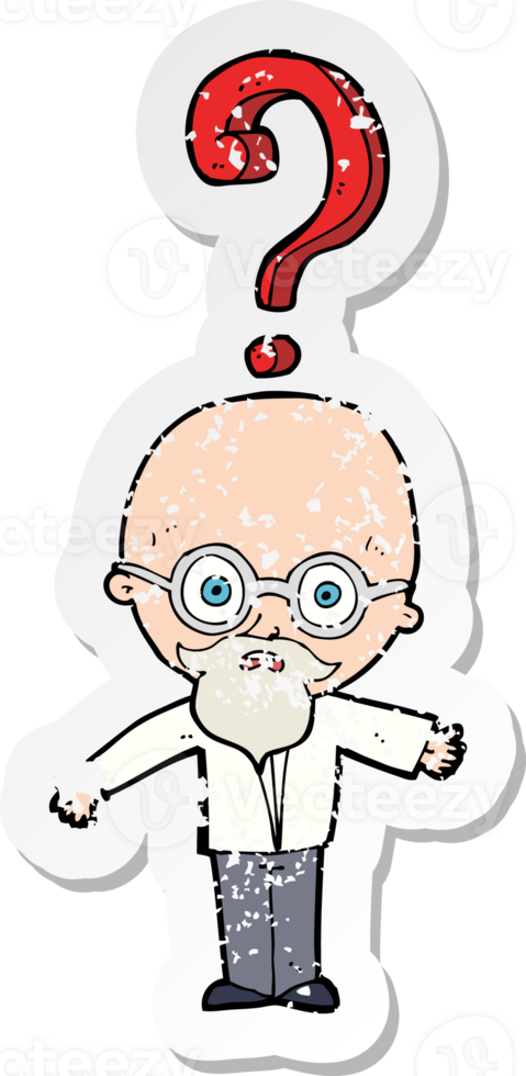 retro distressed sticker of a cartoon older man with question png