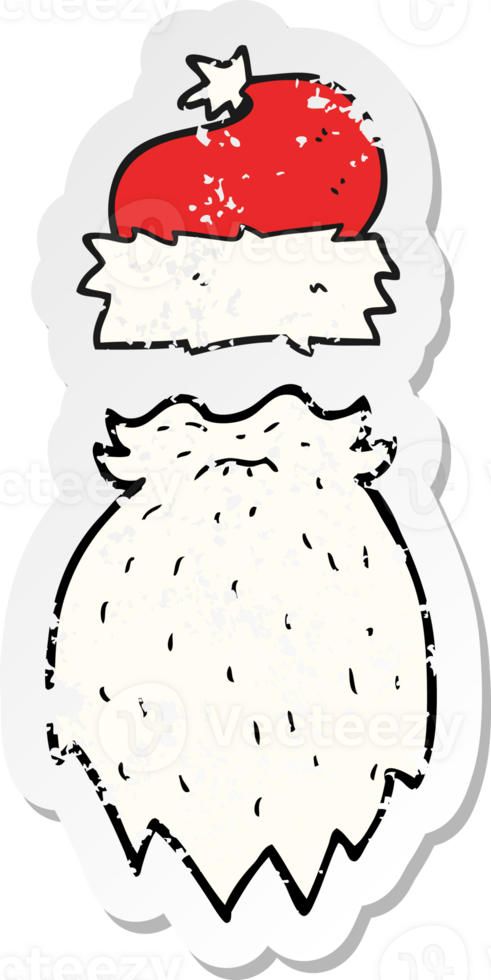 retro distressed sticker of a cartoon santa hat and beard png