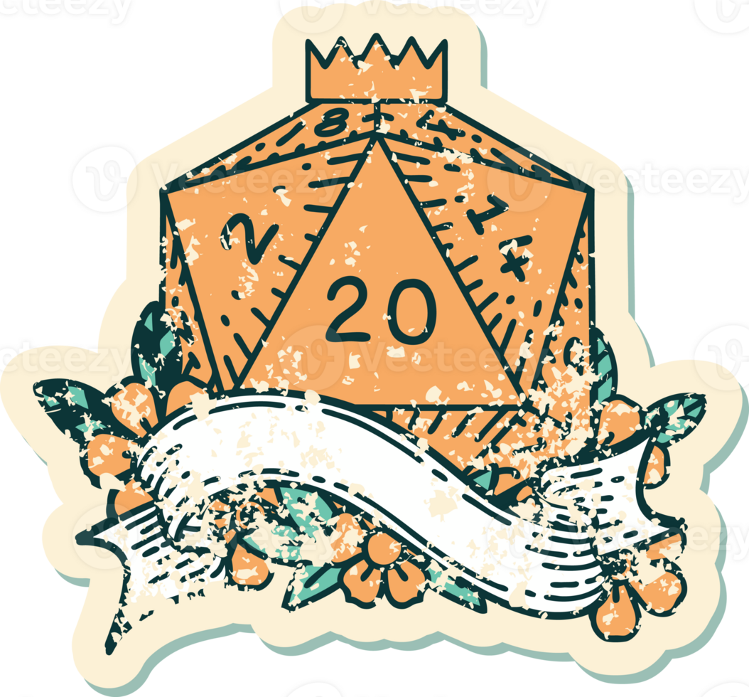 Retro Tattoo Style natural twenty D20 dice roll png