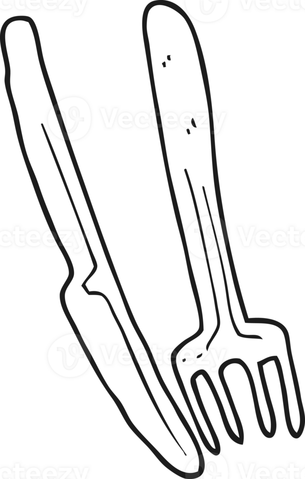 hand drawn black and white cartoon knife and fork png