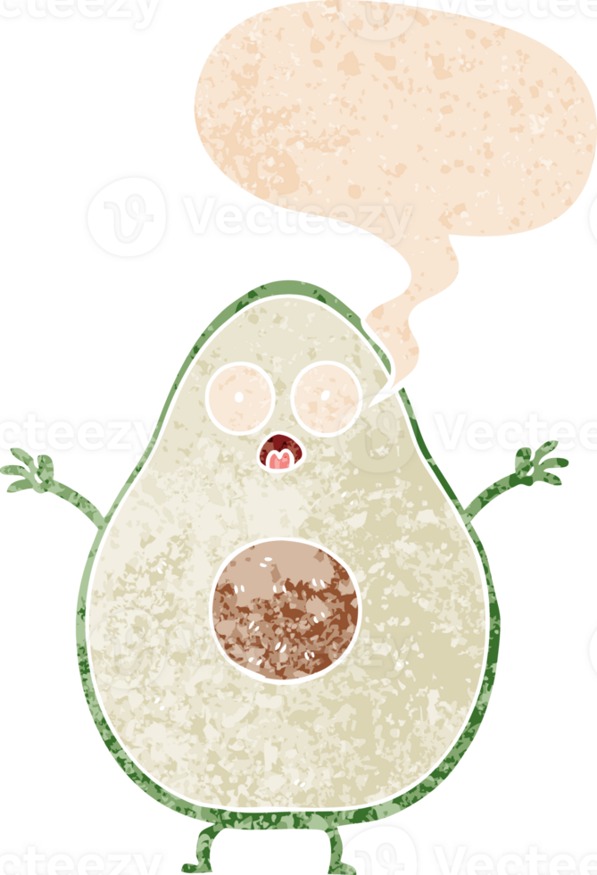cartoon avocado with speech bubble in grunge distressed retro textured style png