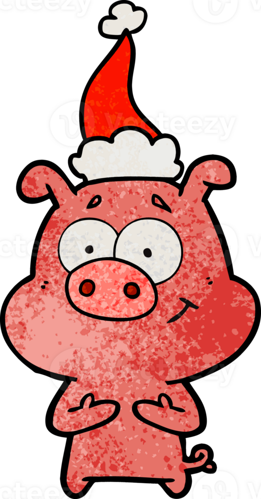 happy hand drawn textured cartoon of a pig wearing santa hat png