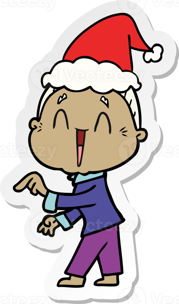 hand drawn sticker cartoon of a happy old lady wearing santa hat png