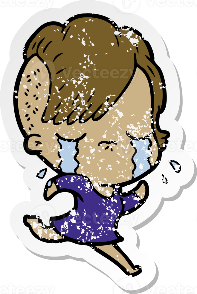 distressed sticker of a cartoon crying girl running away png