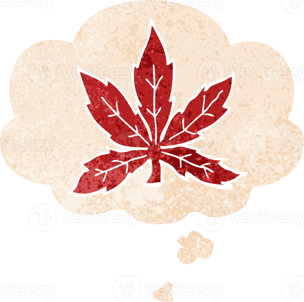 cartoon marijuana leaf with thought bubble in grunge distressed retro textured style png