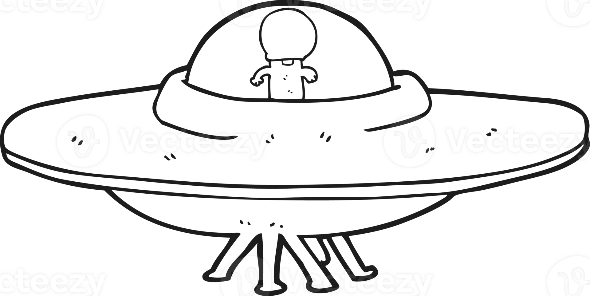 hand drawn black and white cartoon alien flying saucer png