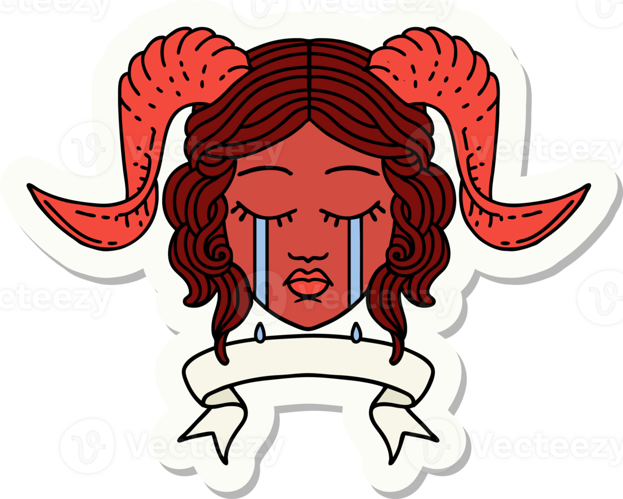 sticker of a crying tiefling character face with scroll banner png