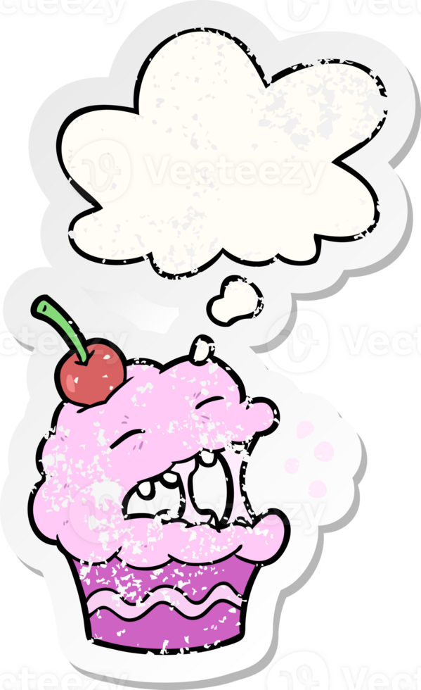 cartoon cupcake with thought bubble as a distressed worn sticker png