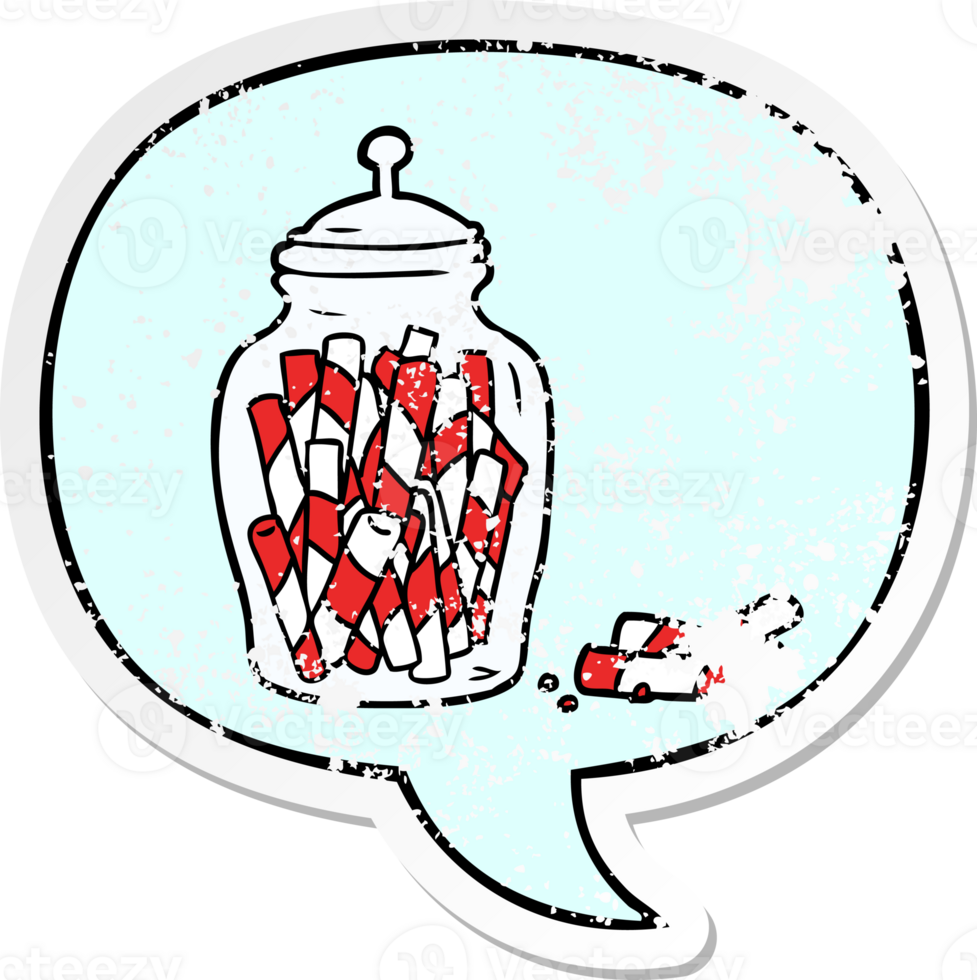cartoon traditional candy sticks in jar with speech bubble distressed distressed old sticker png