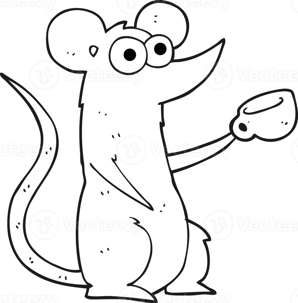 hand drawn black and white cartoon mouse with coffee cup png
