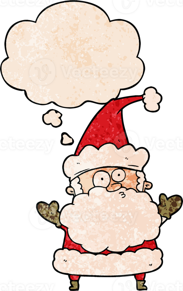 cartoon confused santa claus with thought bubble in grunge texture style png