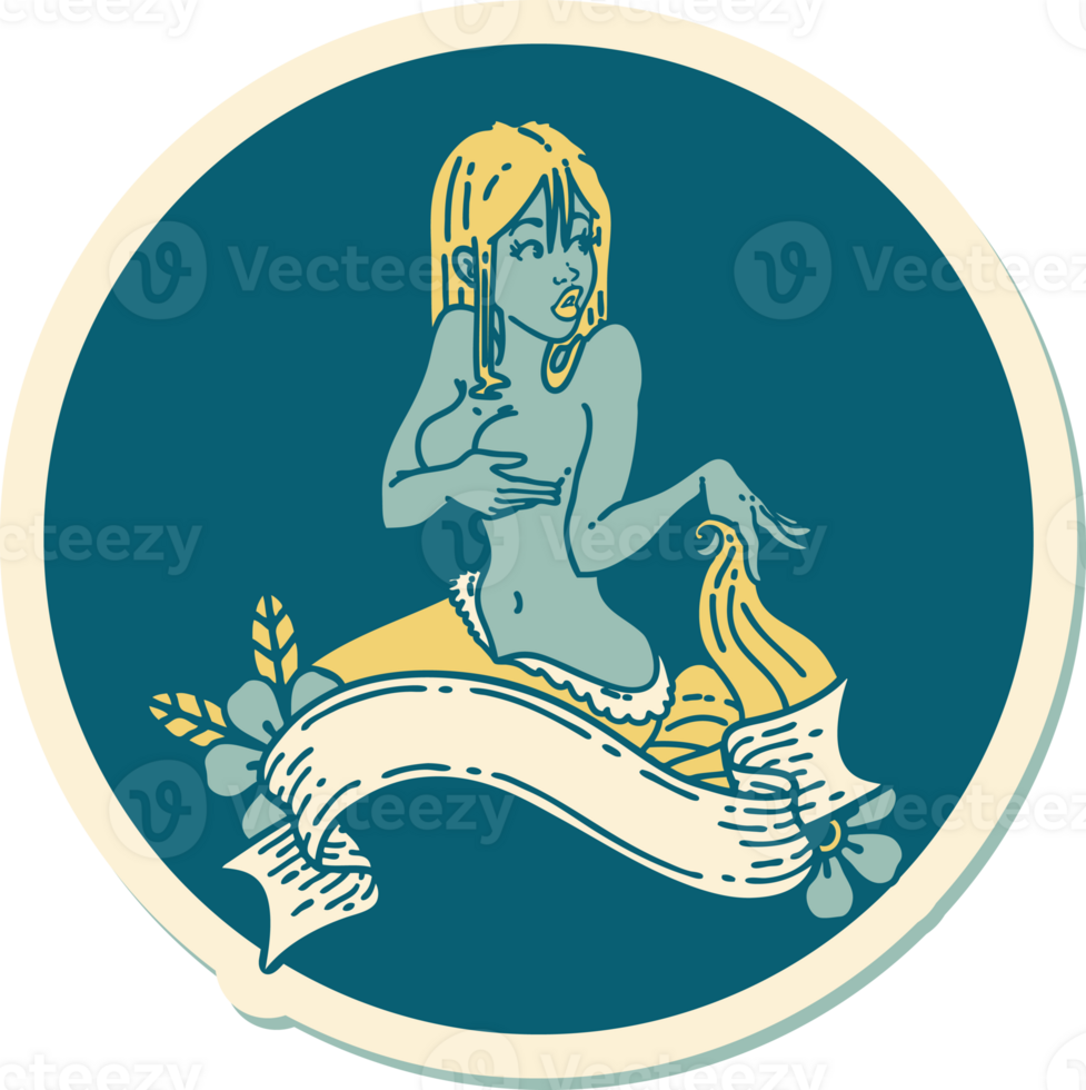 sticker of tattoo in traditional style of a pinup mermaid with banner png