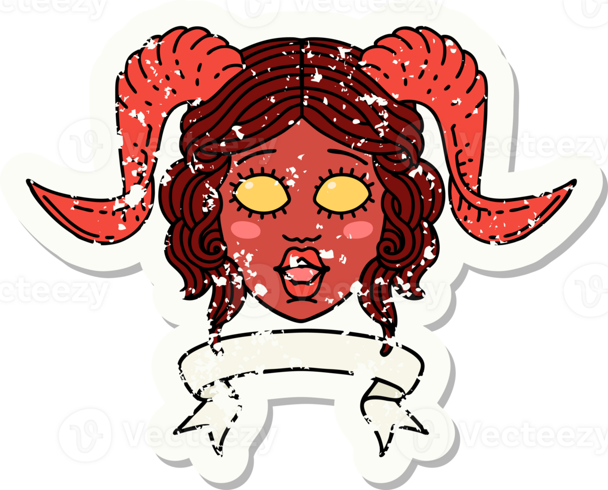 Retro Tattoo Style tiefling character face with scroll banner png