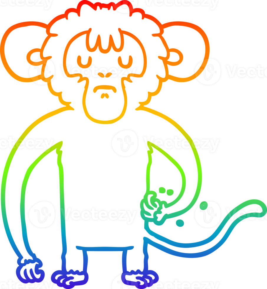 rainbow gradient line drawing of a cartoon monkey scratching png
