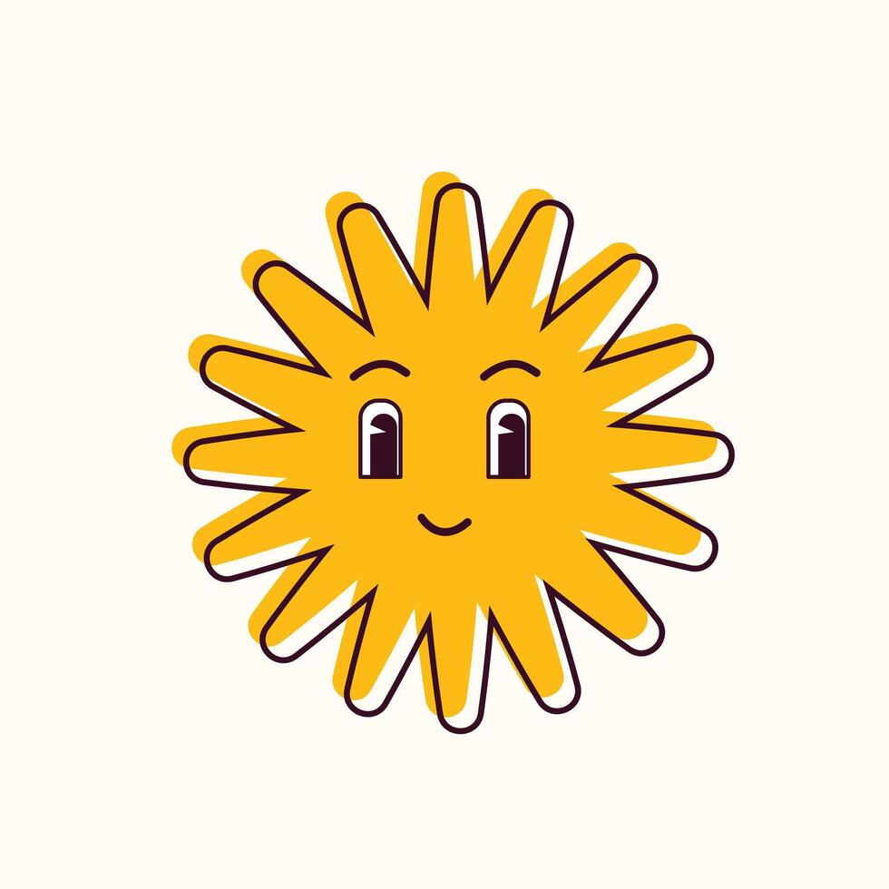 Yellow happy sunwith face. Isolated groovy . Cute design graphic element. vector