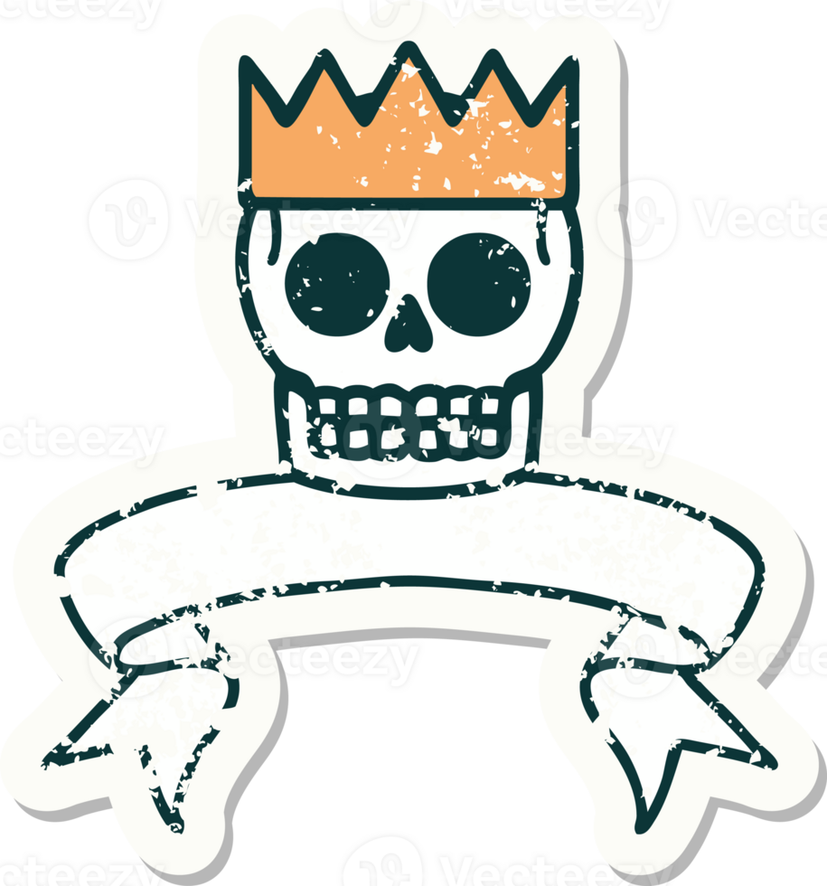 worn old sticker with banner of a skull and crown png