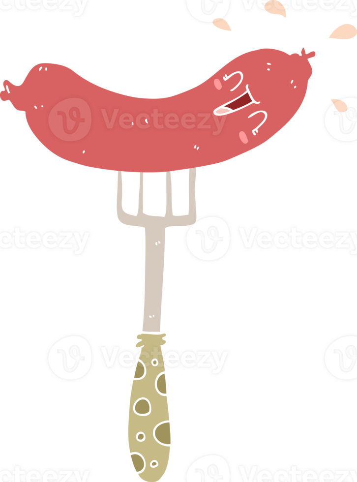 flat color style cartoon happy sausage on fork png