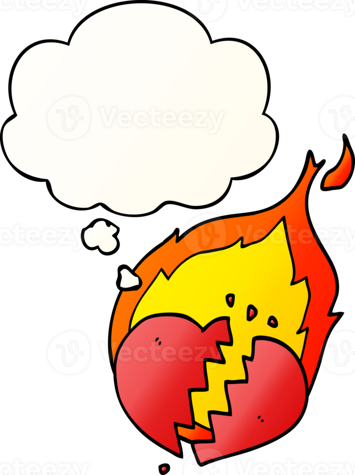 cartoon flaming heart with thought bubble in smooth gradient style png