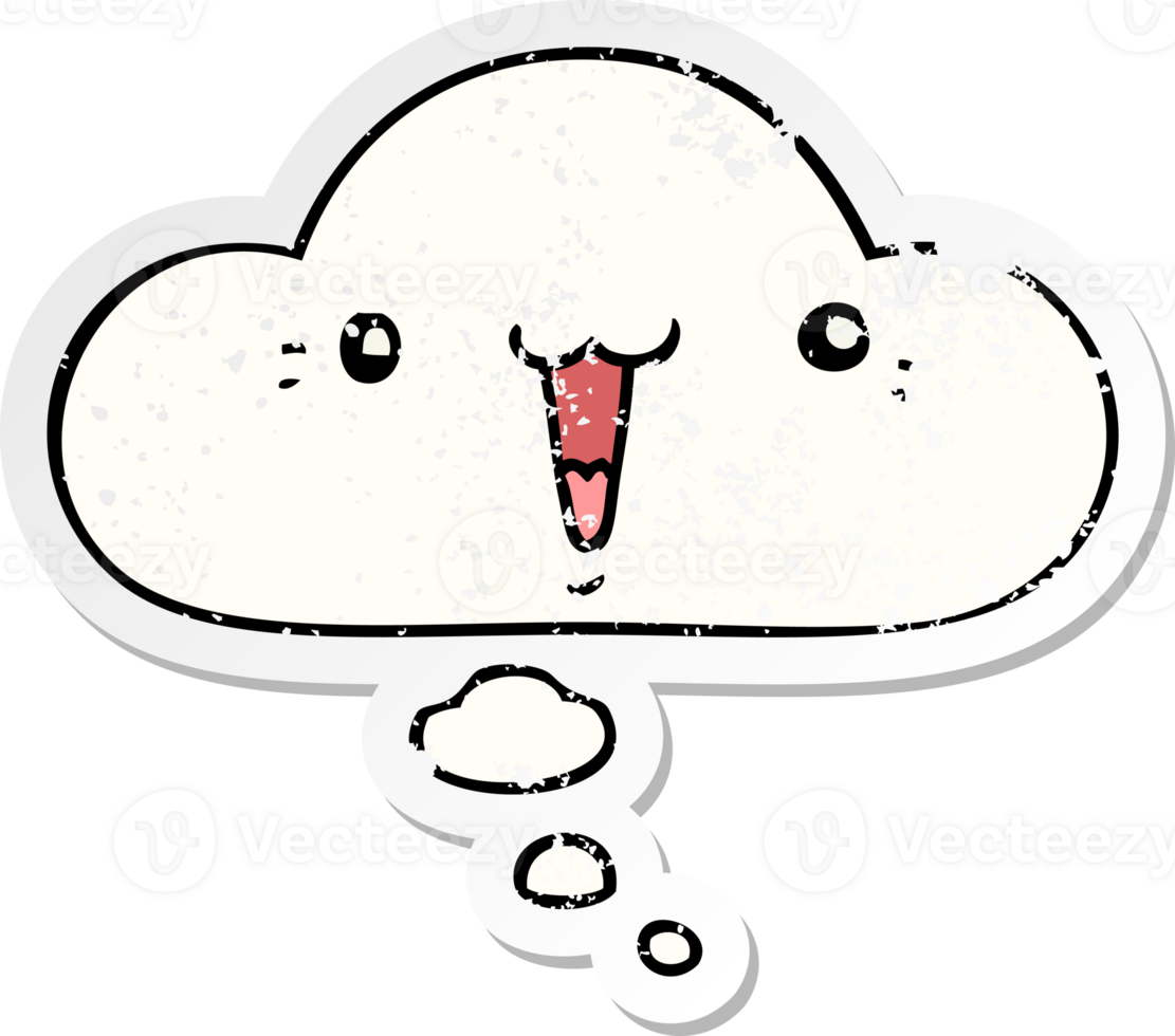 cute cartoon face with thought bubble as a distressed worn sticker png