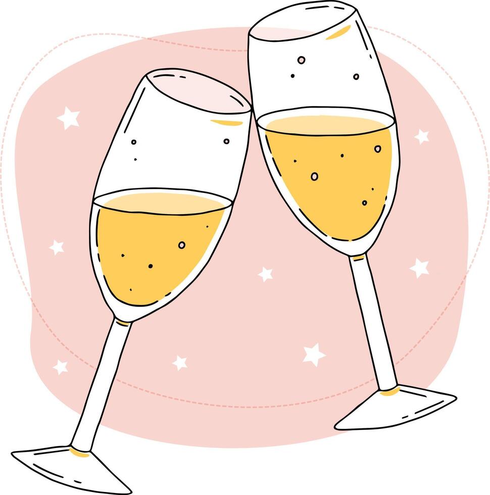 Two glasses of champagne on a pink background, a toast. Christmas, anniversary or wedding celebration. Doodle hand drawn illustration. vector