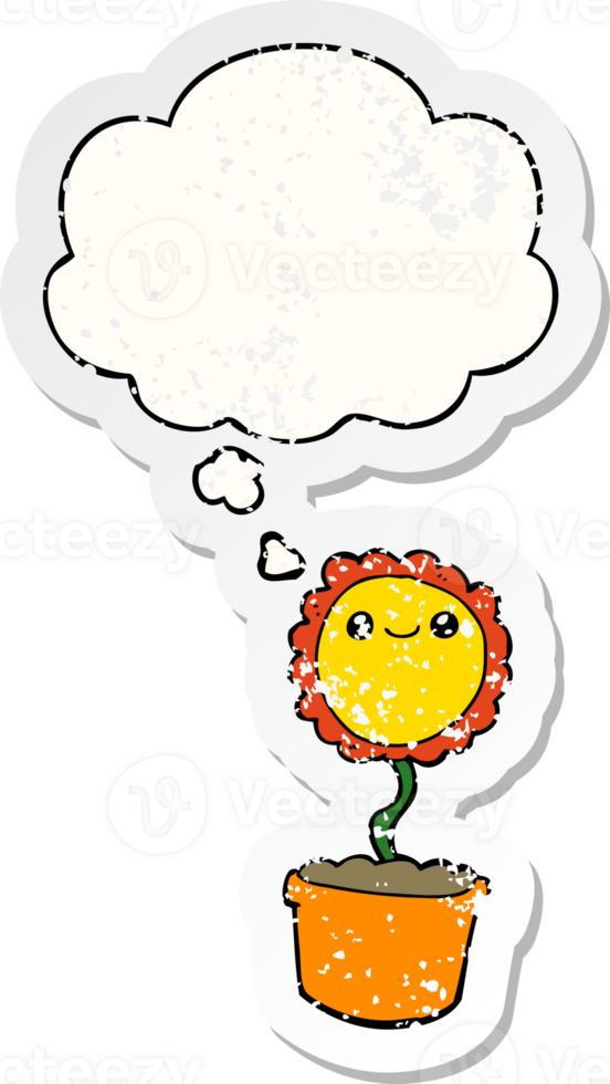 cartoon flower with thought bubble as a distressed worn sticker png