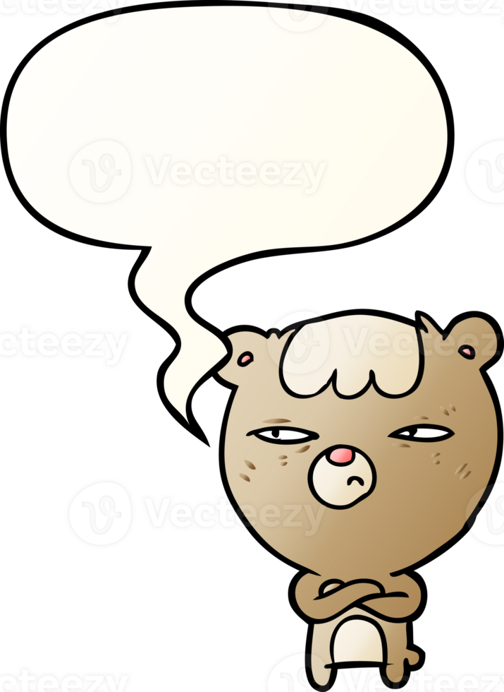 cartoon annoyed bear with arms crossed with speech bubble in smooth gradient style png