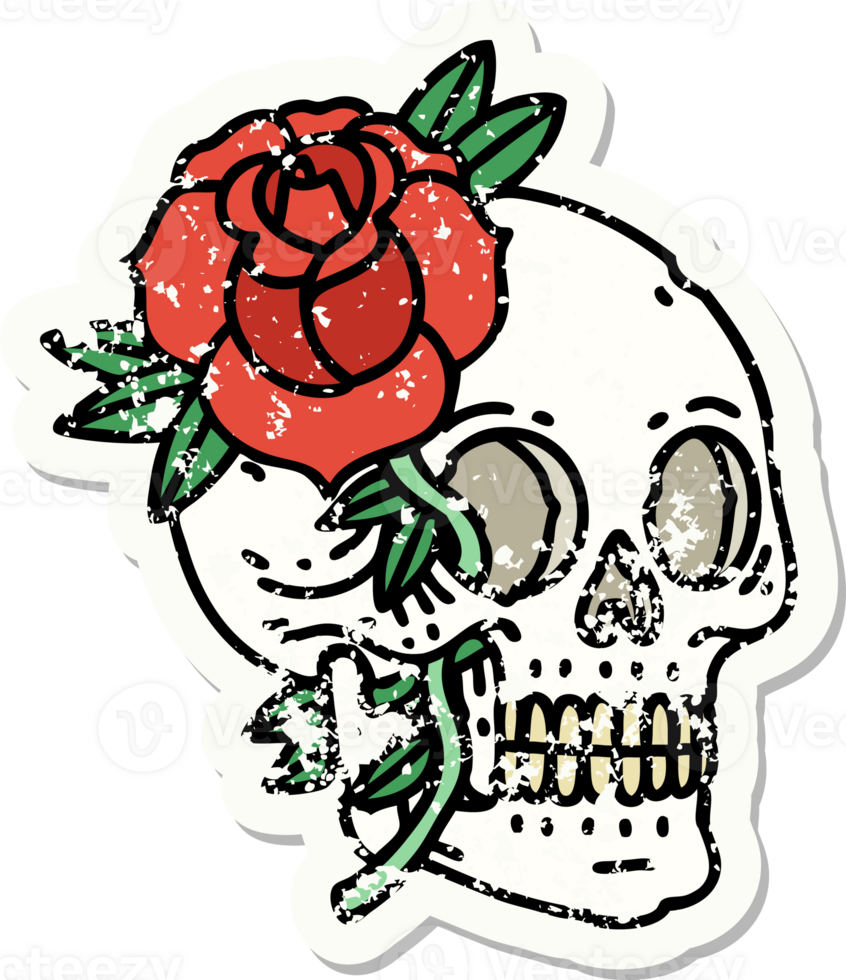 distressed sticker tattoo in traditional style of a skull and rose png
