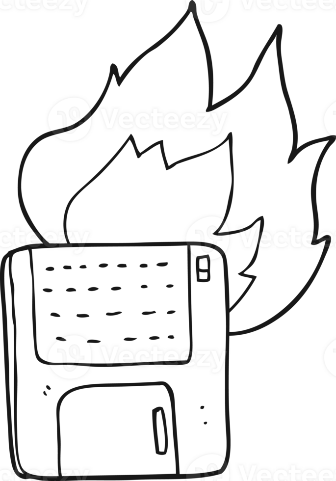 hand drawn black and white cartoon old computer disk burning png