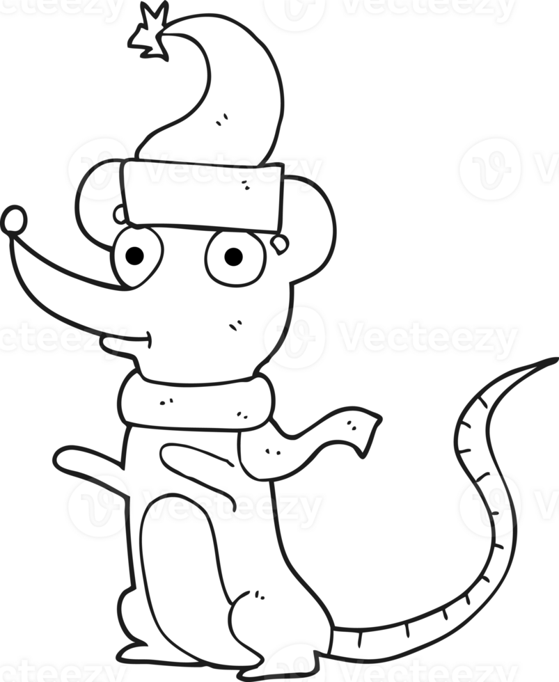 hand drawn black and white cartoon mouse wearing christmas hat png