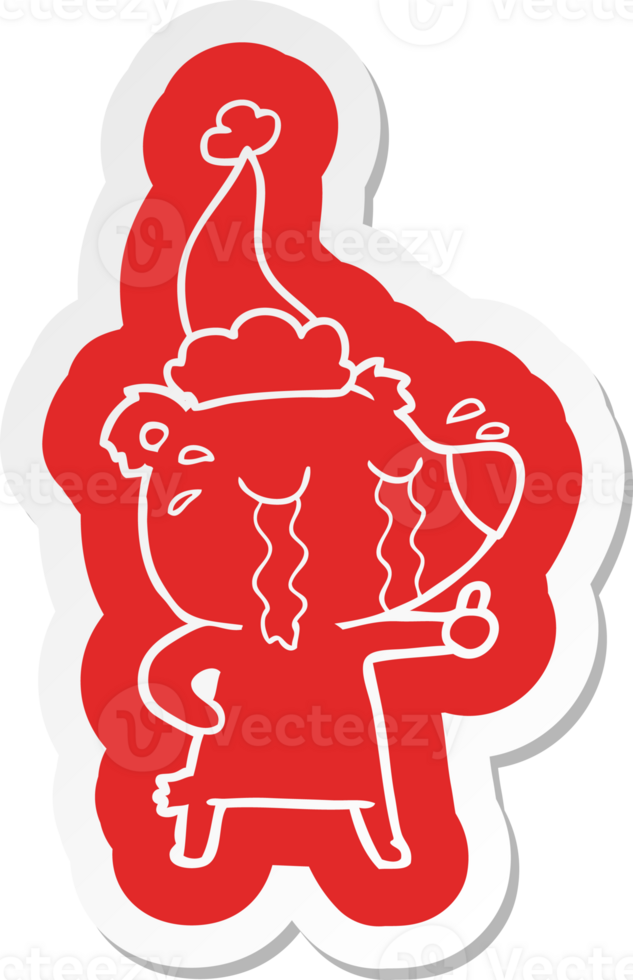 quirky cartoon  sticker of a crying bear wearing santa hat png