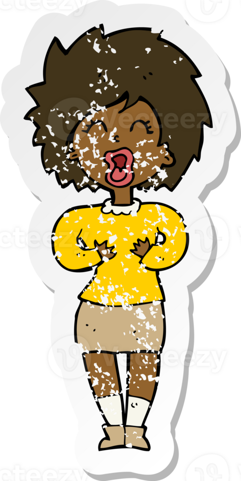 retro distressed sticker of a cartoon screaming woman png