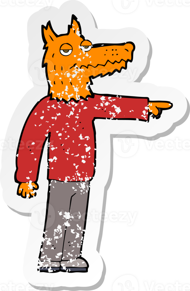 retro distressed sticker of a cartoon fox man pointing png