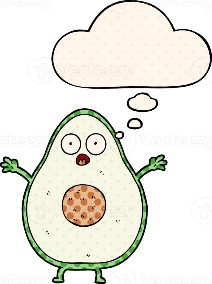 cartoon avocado with thought bubble in comic book style png
