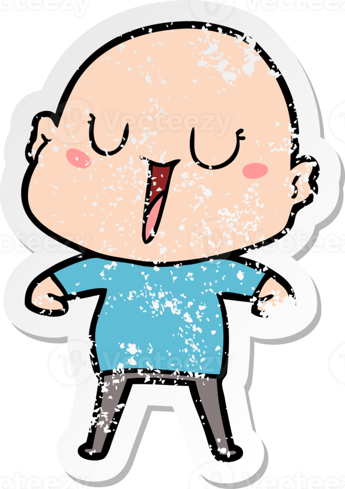 distressed sticker of a happy cartoon bald man png