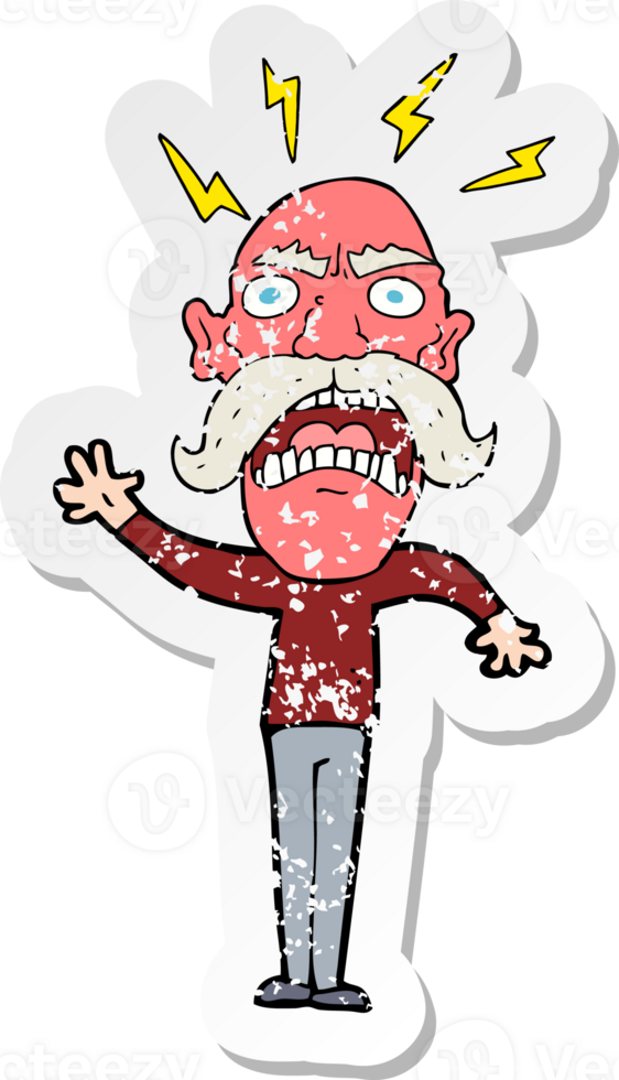retro distressed sticker of a cartoon furious old man png